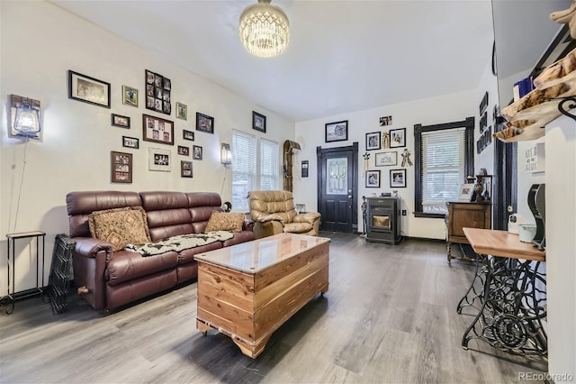 living room featuring hardwood / wood-style flooring, a healthy amount of sunlight, and a wood stove