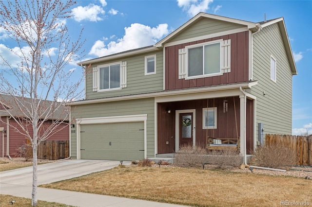 7232 Shavano Ave, Frederick, CO 80504 - traditional home featuring board and batten siding, an attached garage, a porch, and concrete driveway
