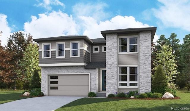 view of front of property featuring a garage, entry steps, concrete driveway, and a front lawn