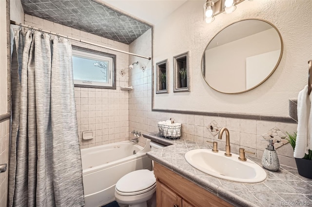 bathroom with tile walls, shower / tub combo, toilet, and vanity