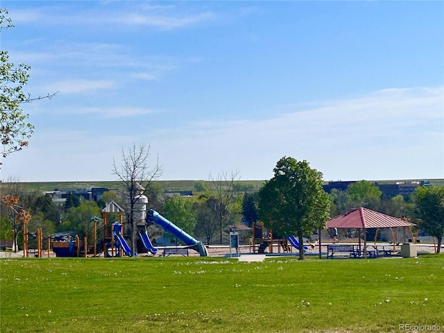community play area with a gazebo and a lawn