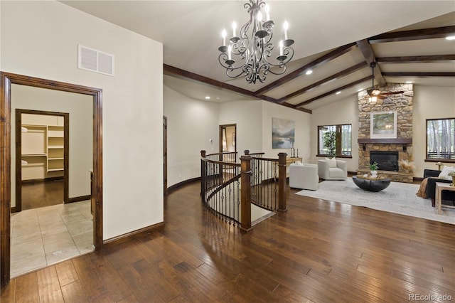 16104 Pole Pine Pt, Colorado Springs, CO 80908 - living area featuring wood-type flooring, a chandelier, ceiling fan, a fireplace, and recessed lighting