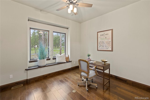16104 Pole Pine Pt, Colorado Springs, CO 80908 - office area featuring a ceiling fan and hardwood / wood-style floors