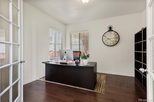8464 E 55th Pl, Denver, CO 80238 - office area with dark wood-style flooring, baseboards, and french doors