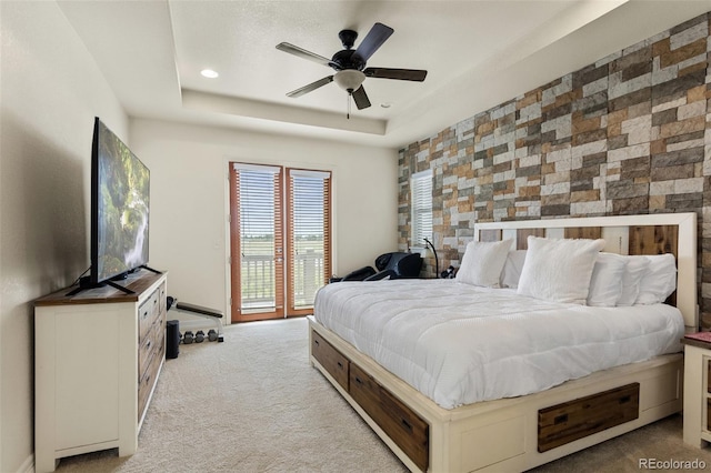 8464 E 55th Pl, Denver, CO 80238 - bedroom featuring carpet floors, access to outside, an accent wall, a ceiling fan, and recessed lighting