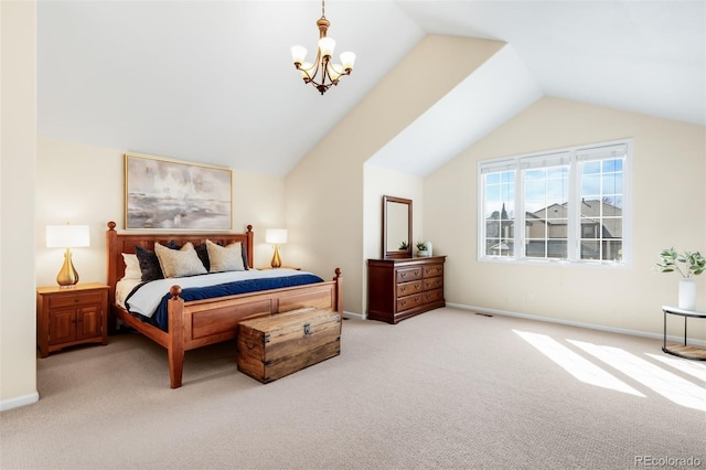 carpeted bedroom with baseboards, lofted ceiling, and a chandelier