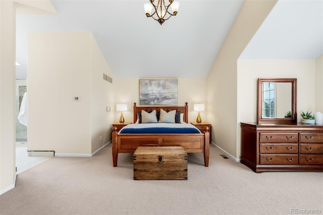 bedroom featuring visible vents, light carpet, a notable chandelier, and vaulted ceiling