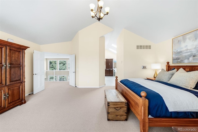 bedroom featuring baseboards, visible vents, vaulted ceiling, light carpet, and a chandelier