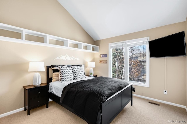 bedroom featuring visible vents, high vaulted ceiling, baseboards, and carpet floors