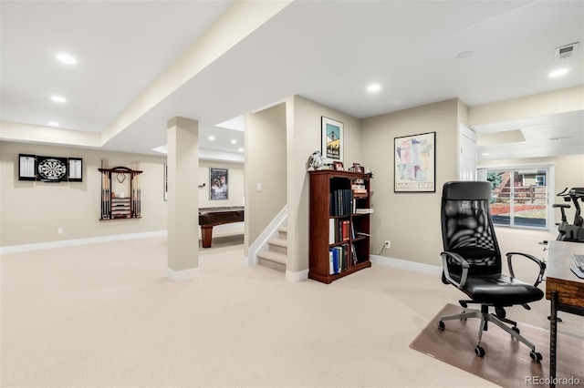 carpeted home office featuring visible vents, recessed lighting, and baseboards