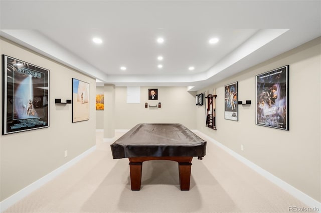 game room with recessed lighting, baseboards, light colored carpet, and billiards