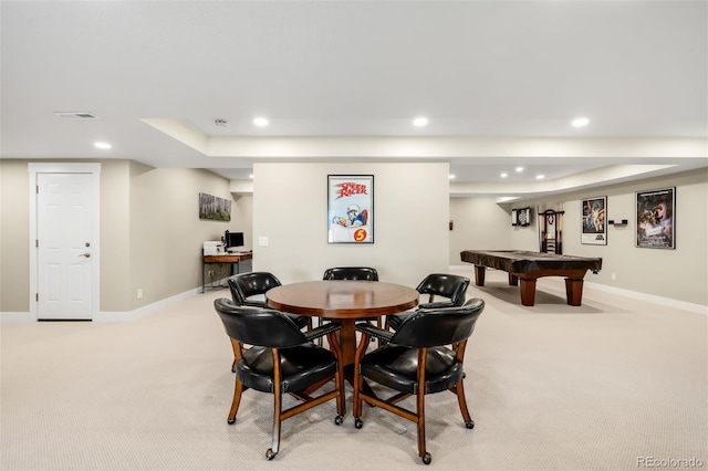 dining space with recessed lighting, baseboards, and light colored carpet