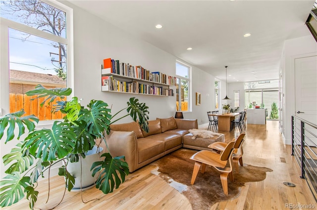 living area featuring hardwood / wood-style flooring and recessed lighting