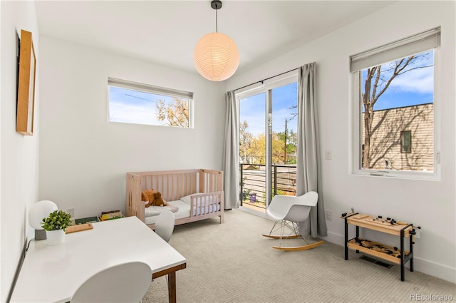 bedroom featuring light carpet, access to outside, and baseboards