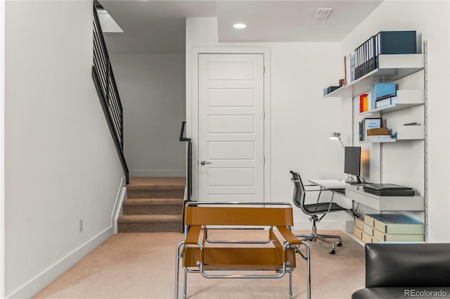 office with carpet, visible vents, baseboards, and recessed lighting