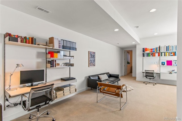 office area featuring carpet, visible vents, baseboards, and recessed lighting