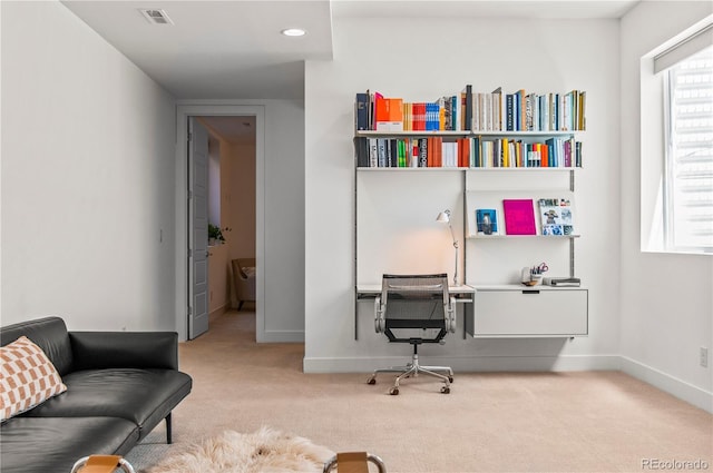 office featuring baseboards, recessed lighting, carpet flooring, and visible vents