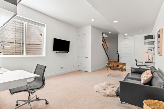 office area with carpet, baseboards, and recessed lighting