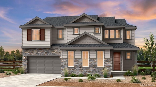 view of front of home featuring a garage, concrete driveway, a shingled roof, and stone siding