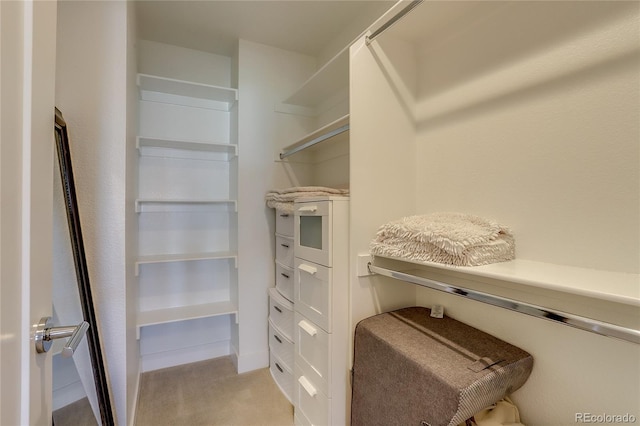 walk in closet featuring light colored carpet