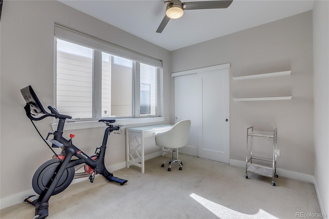 office with ceiling fan and light colored carpet