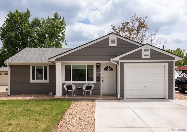 8240 Grandview Ave, Arvada, CO 80002 - ranch-style house with concrete driveway, a porch, an attached garage, and roof with shingles