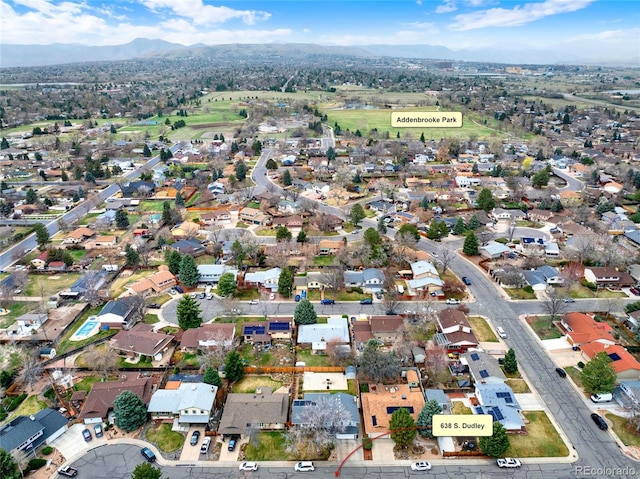 drone / aerial view with a residential view and a mountain view