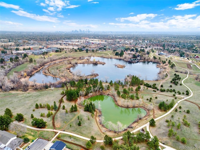 aerial view featuring a water view