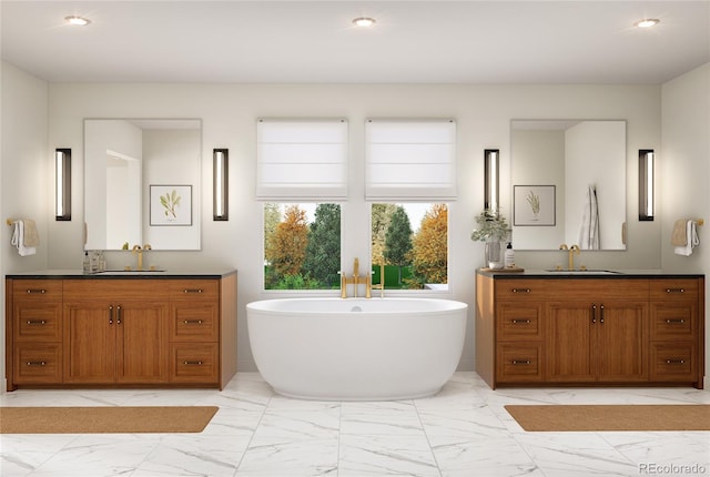 4444 W 28th Ave, Denver, CO 80212 - full bathroom featuring marble finish flooring, a freestanding bath, two vanities, and recessed lighting
