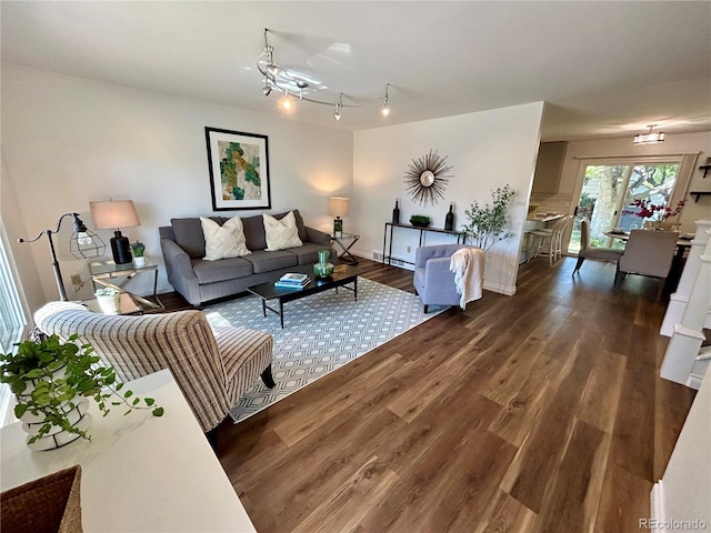 living room with wood-type flooring and rail lighting