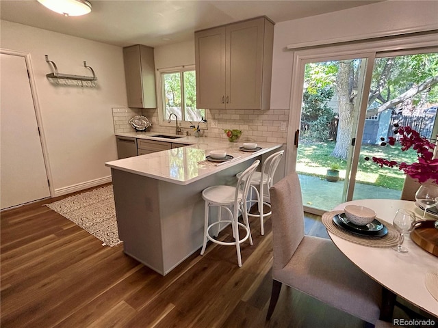 kitchen featuring gray cabinetry, kitchen peninsula, sink, and tasteful backsplash