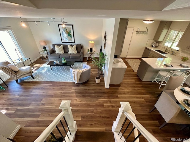 living room featuring dark wood-type flooring and sink