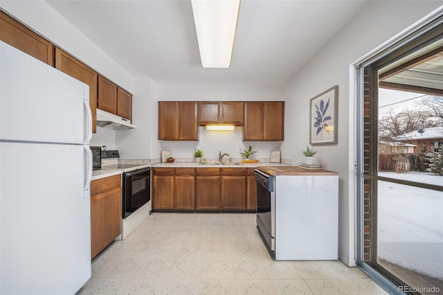 kitchen featuring dishwasher, electric range oven, white fridge, and sink