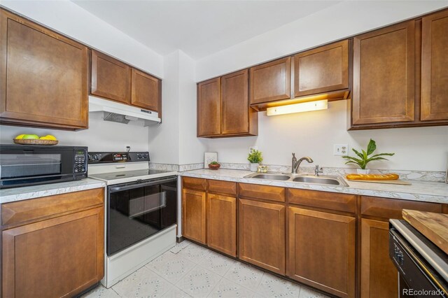 kitchen with sink, stainless steel dishwasher, and white electric range