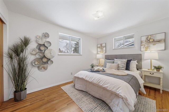 bedroom with wood-type flooring and multiple windows