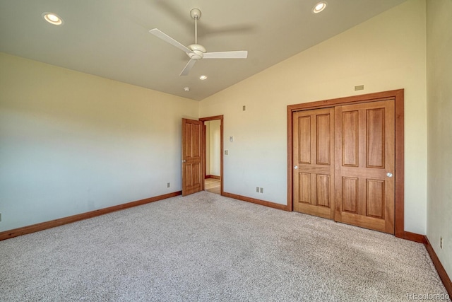 10405 W Cherokee Dr, Salida, CO 81201 - unfurnished bedroom featuring vaulted ceiling, carpet flooring, recessed lighting, ceiling fan, and a closet