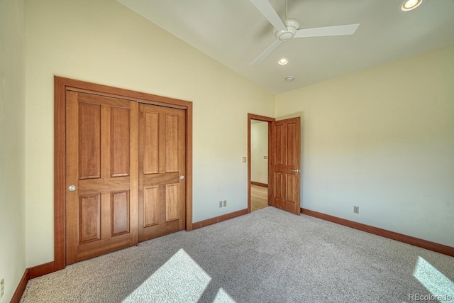 10405 W Cherokee Dr, Salida, CO 81201 - unfurnished bedroom with carpet flooring, recessed lighting, ceiling fan, and high vaulted ceiling