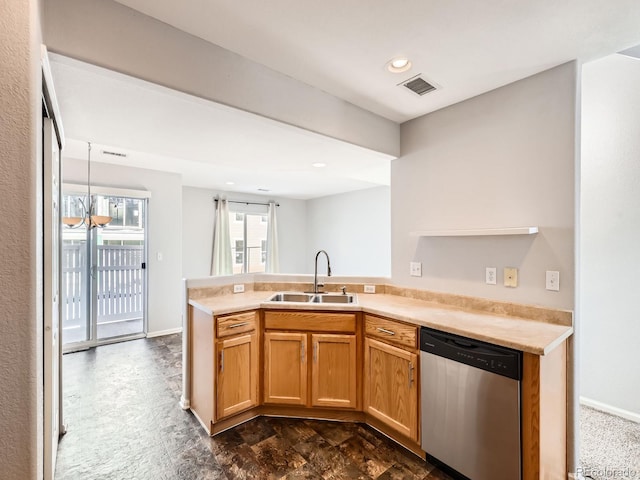 kitchen featuring stainless steel dishwasher, kitchen peninsula, and sink