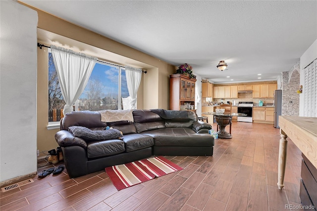 living room with a textured ceiling