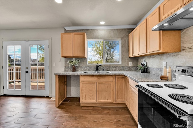 21455 E 44th Ave, Denver, CO 80249 - kitchen with light brown cabinetry, a sink, light countertops, range with electric cooktop, and under cabinet range hood