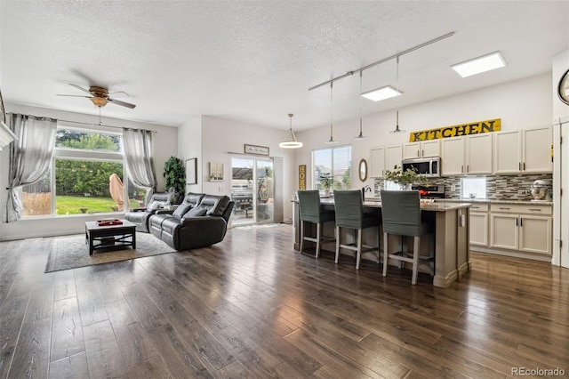 4293 Clover Ln, Brighton, CO 80601 - kitchen with stainless steel appliances, ceiling fan, a textured ceiling, rail lighting, and a breakfast bar area