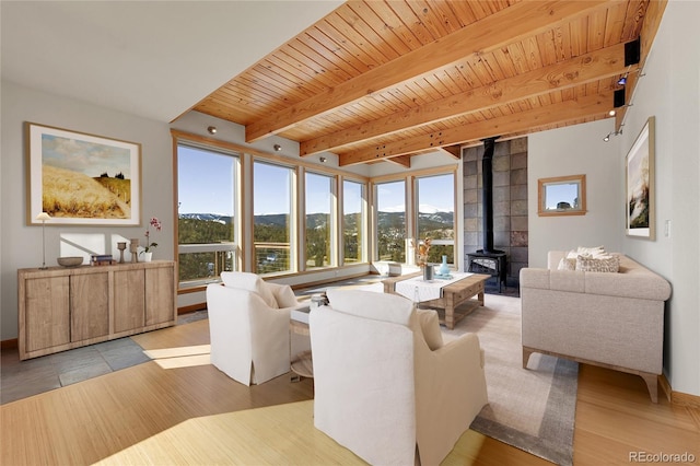 living room featuring a mountain view, wooden ceiling, a wood stove, beam ceiling, and light hardwood / wood-style flooring