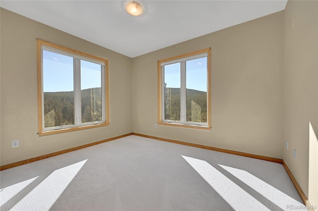 carpeted empty room with a mountain view