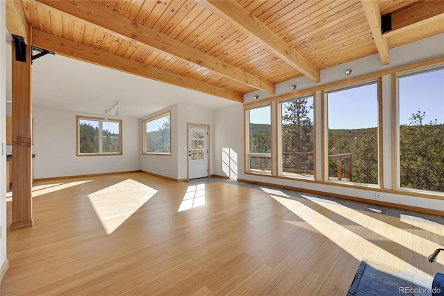 54 Doe Trl, Nederland, CO 80466 - unfurnished living room featuring beam ceiling, light wood-style floors, baseboards, and wooden ceiling