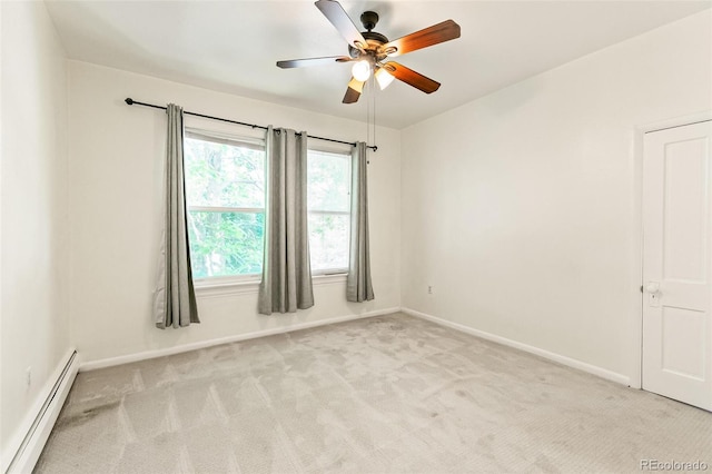 empty room featuring light carpet, a baseboard radiator, and ceiling fan