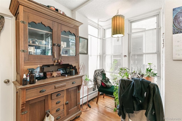 living area with plenty of natural light, a textured ceiling, baseboard heating, and light wood-type flooring