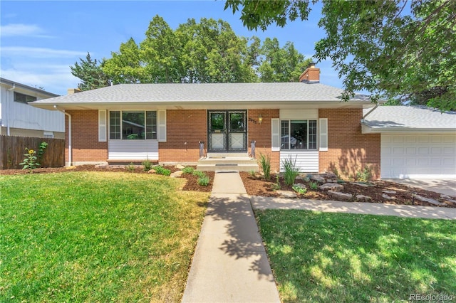 7055 S Costilla St, Littleton, CO 80120 - single story home featuring brick siding, an attached garage, a chimney, and roof with shingles