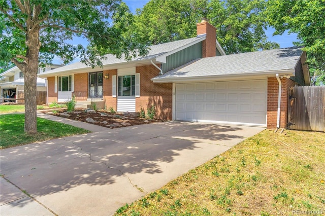 7055 S Costilla St, Littleton, CO 80120 - ranch-style house with brick siding, driveway, a garage, a chimney, and a shingled roof