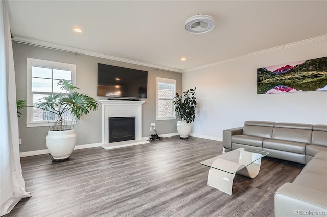 living room featuring a healthy amount of sunlight, ornamental molding, and dark wood-type flooring