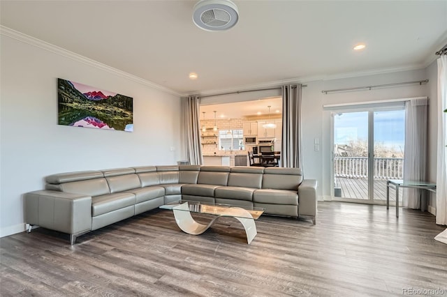 living room featuring crown molding and wood-type flooring